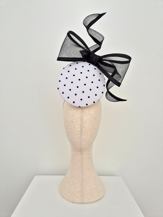 black and white polka dot percher headpiece with bow