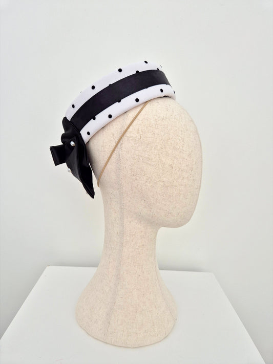 black and white polka dot pillbox headpiece with bow side view