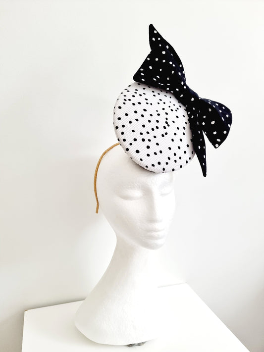 black and white percher headpiece with bow side front view