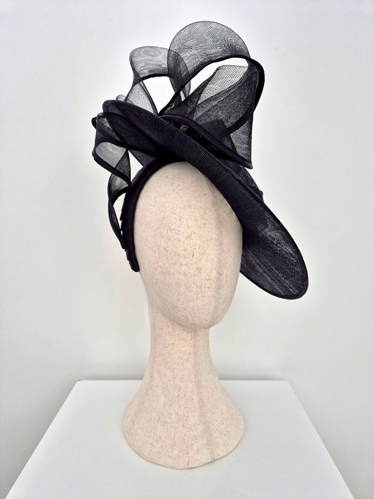 black boater style hat with bow side view