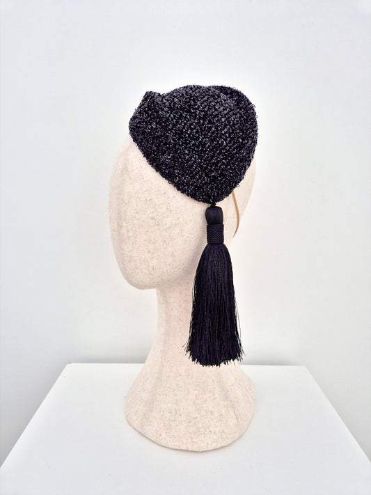 black hostess headpiece with black tassel side front