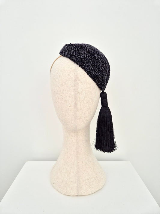black hostess headpiece with tassel