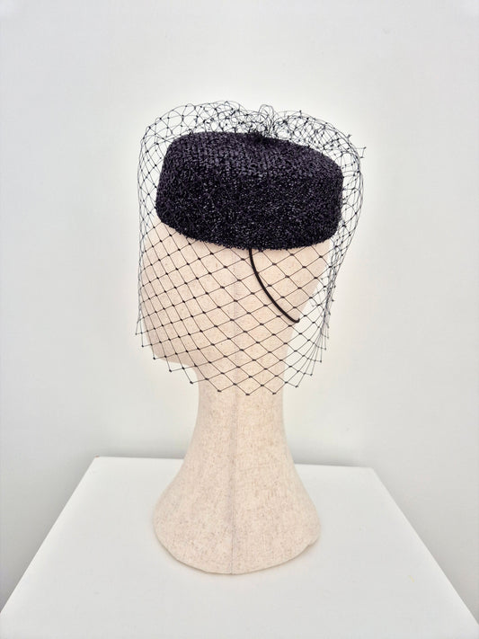 black pillbox headpiece with veiling side view