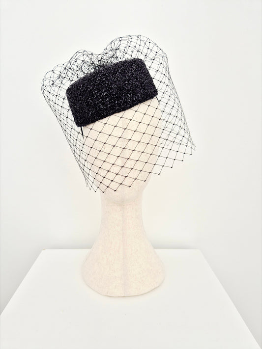 black pillbox headpiece with veiling