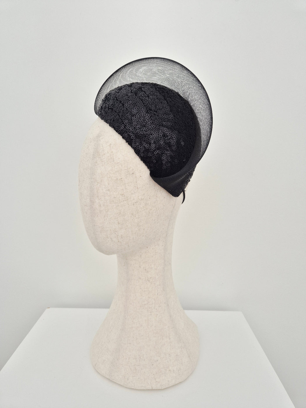 black sequin headpiece side view