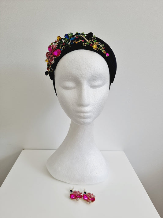 black silk floral rhinestone headpiece set
