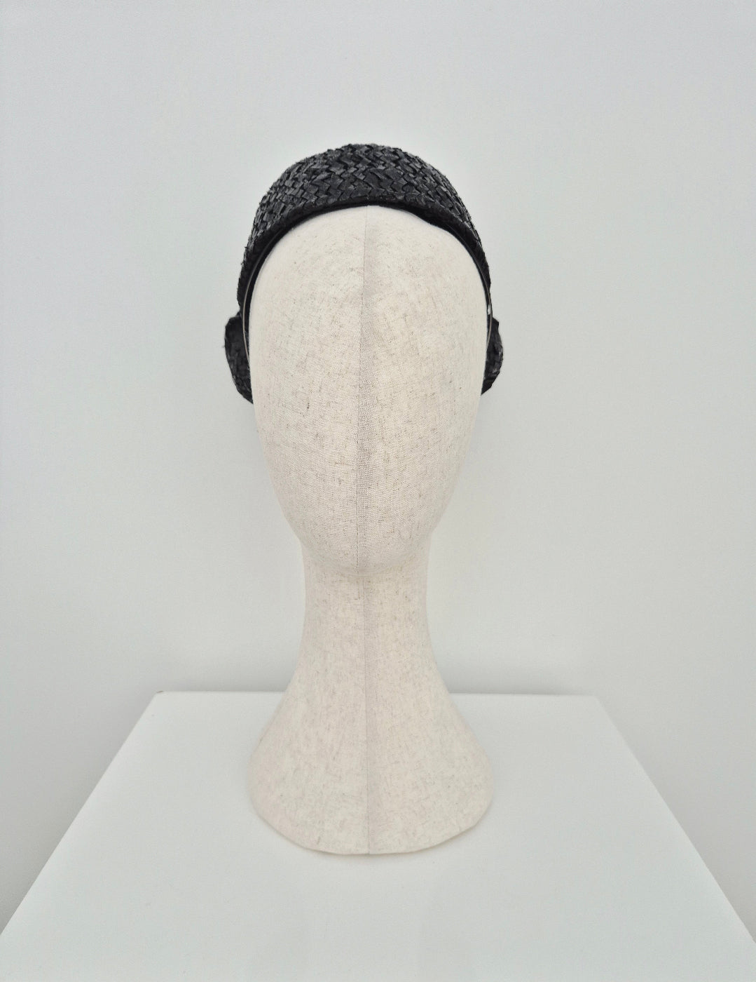 black vintage straw rear facing pillbox headpiece with bow