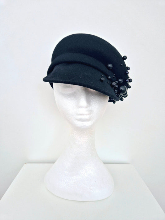black wool felt cap with pearls