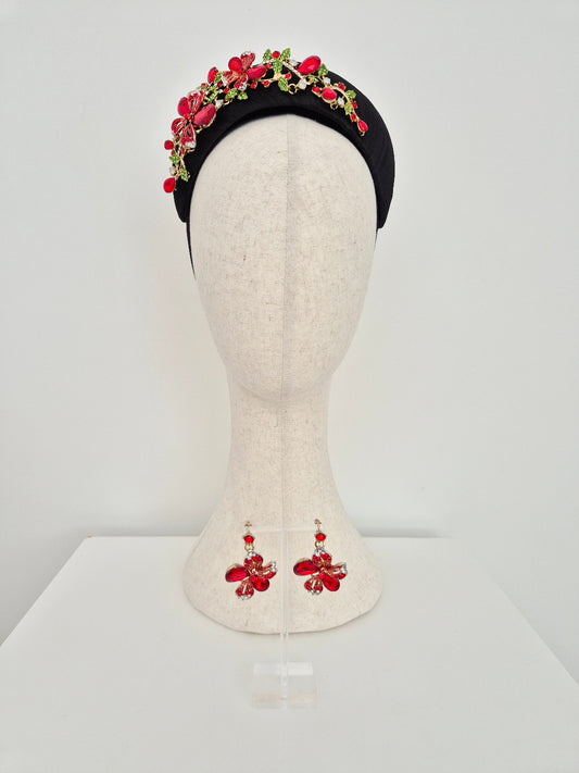 black silk with red floral detail and earing set