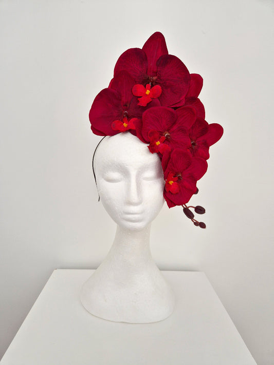 burgundy floral orchid headpiece