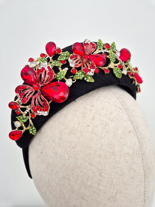 close up black silk headpiece with red  floral rhinestones