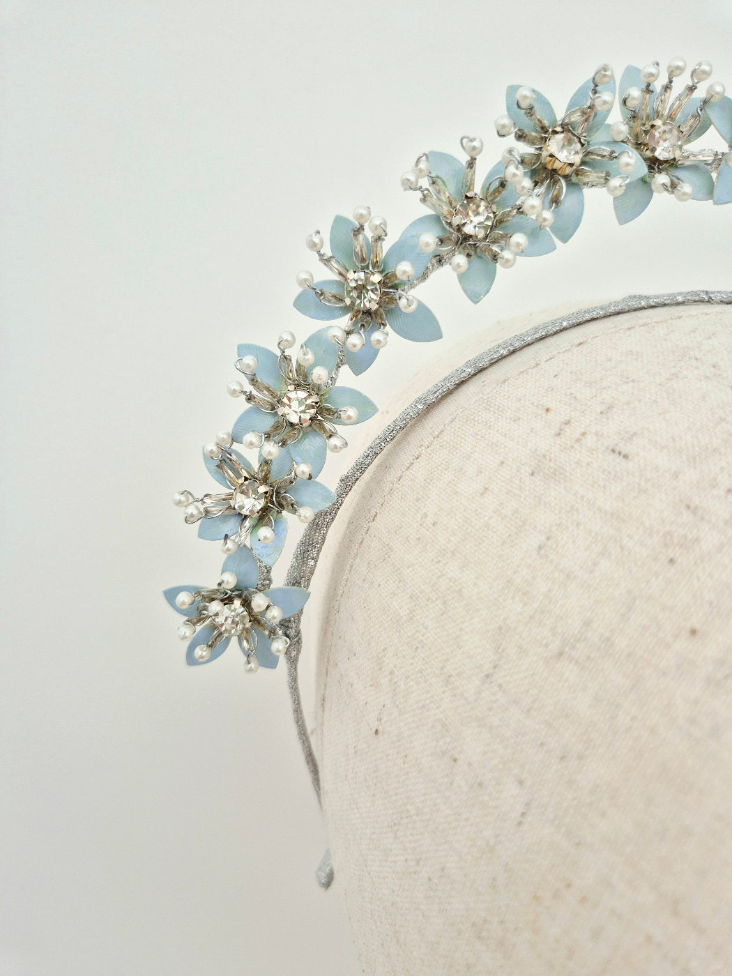 close up ice blue floral crown