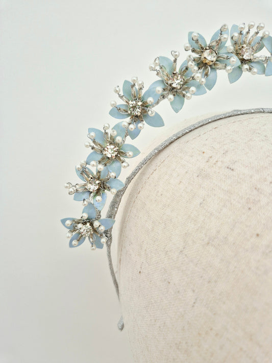 close up ice blue floral crown