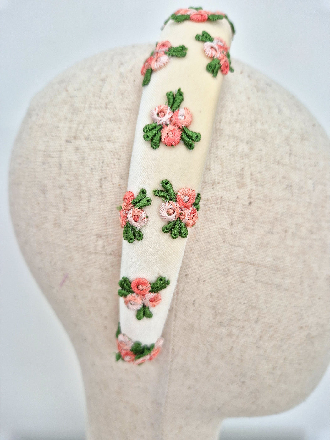 ivory velvet headband with pink rose buds close up