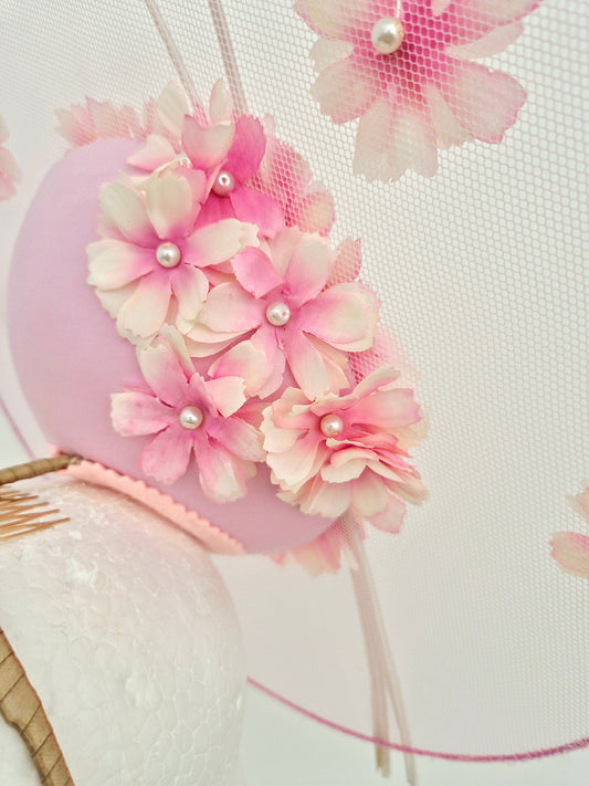 close up pale pink percher with flowers