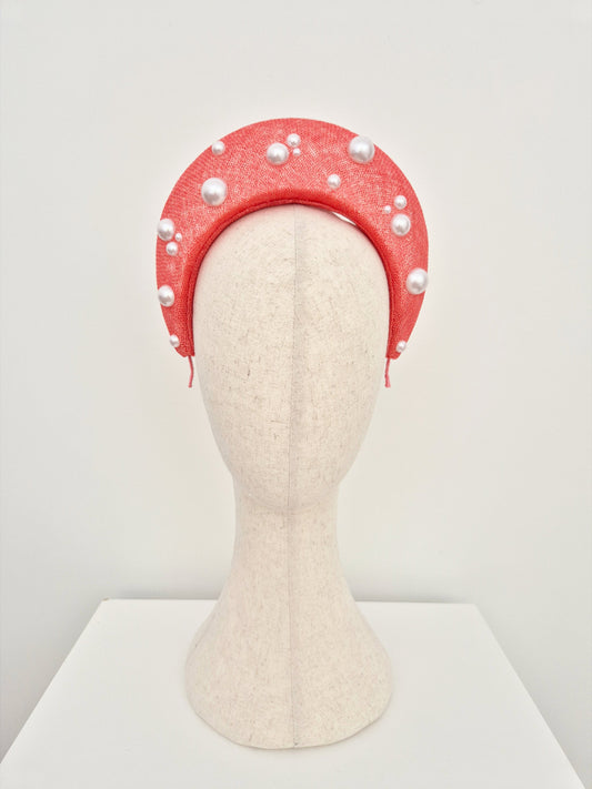 coral straw halo headpiece with pearls