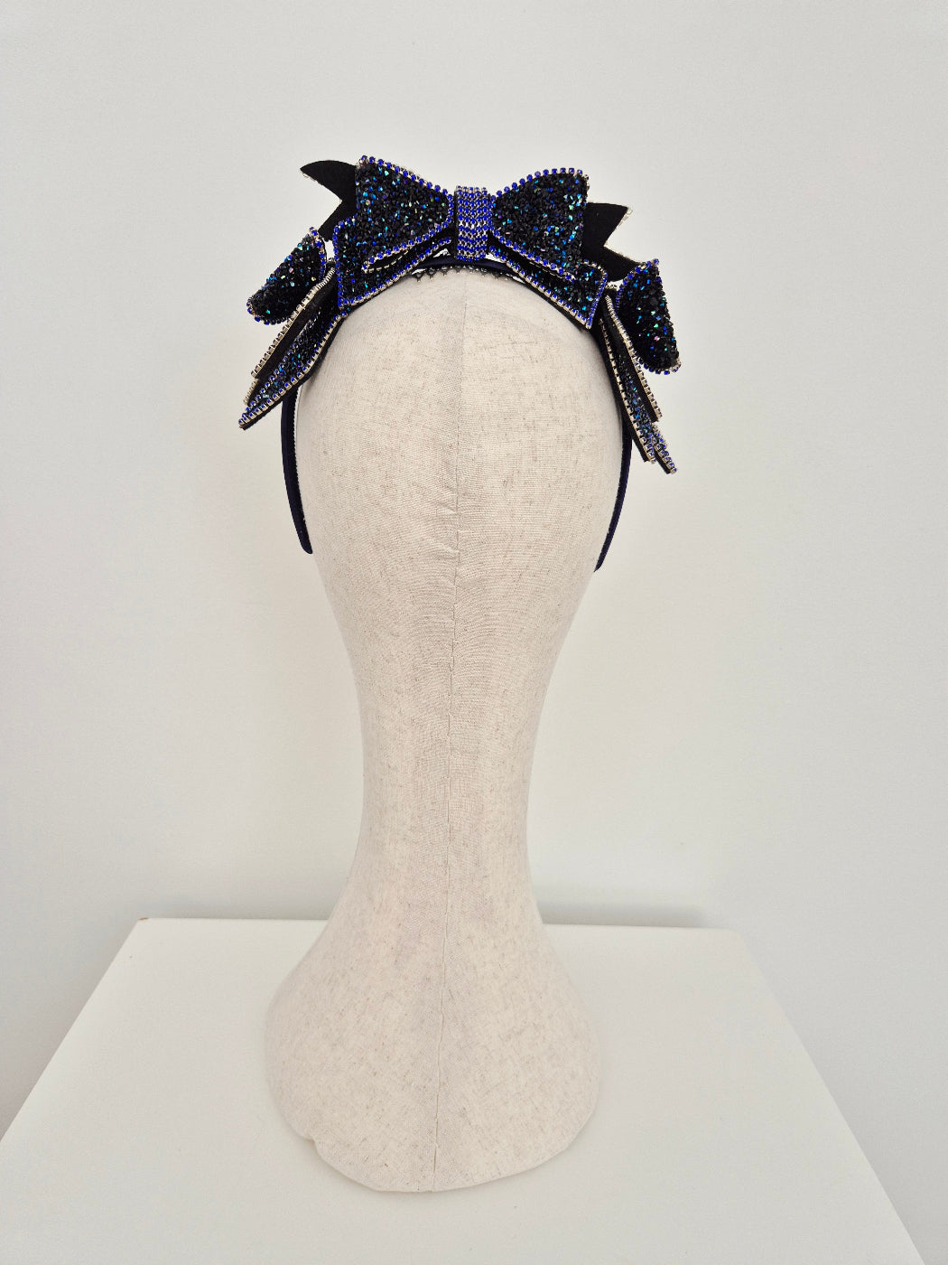 dark blue rhinestone bow headband back view