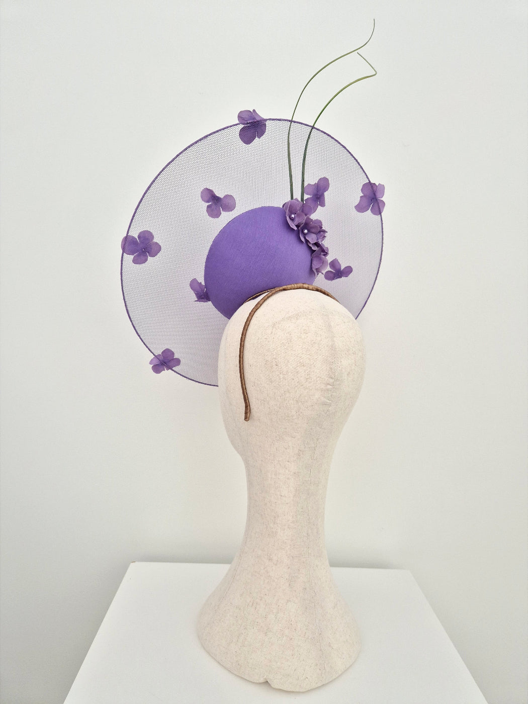 deep lilac floral percher headpiece side view