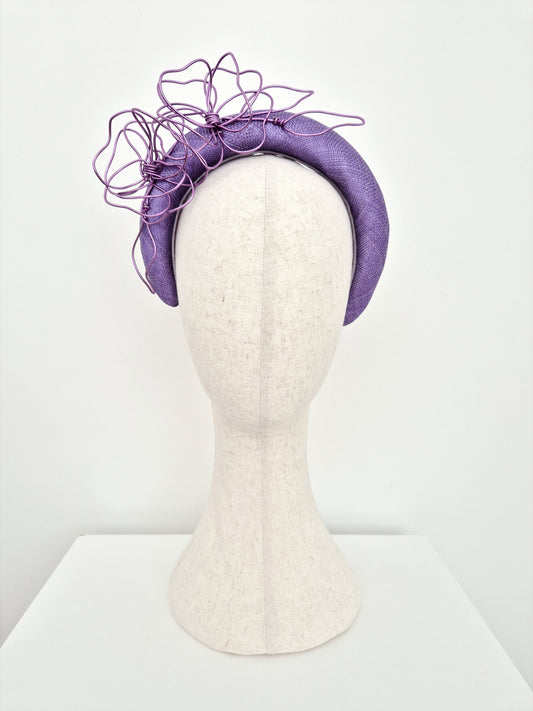 deep lilac straw headpiece with wire flowers