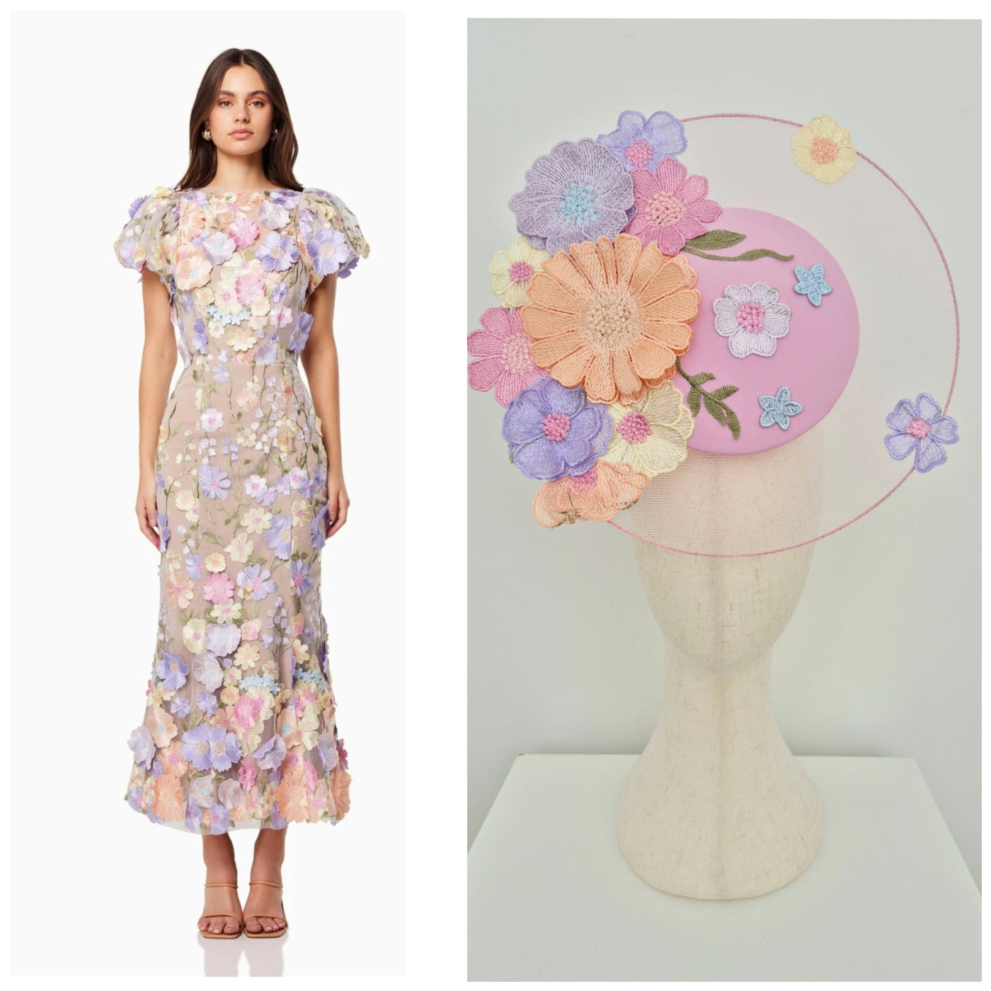 Woman wearing a floral dress with a decorative headpiece on a white background