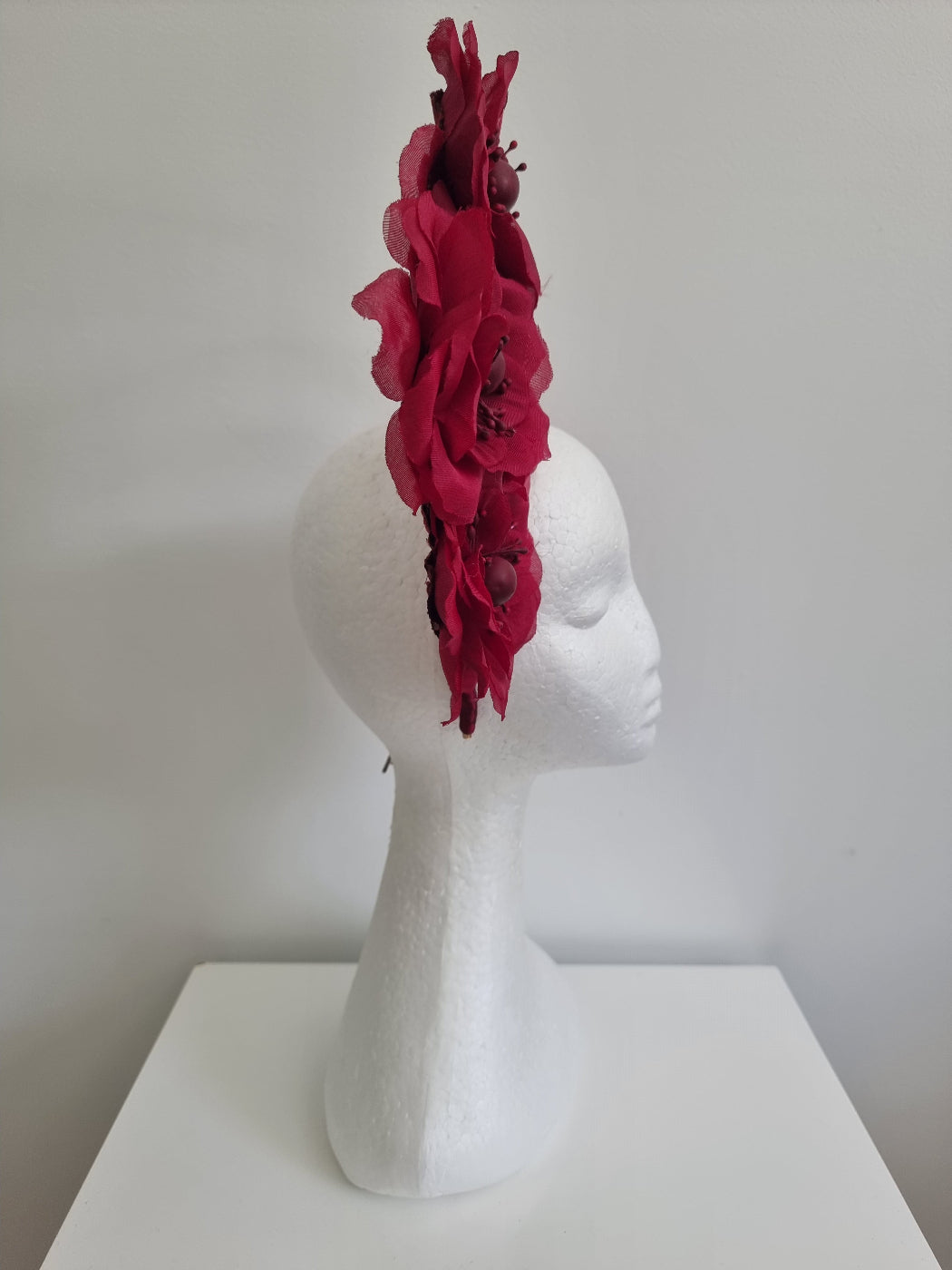 floral claret double halo headpiece side view