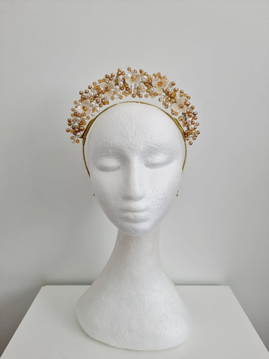 gold and white pearl headband