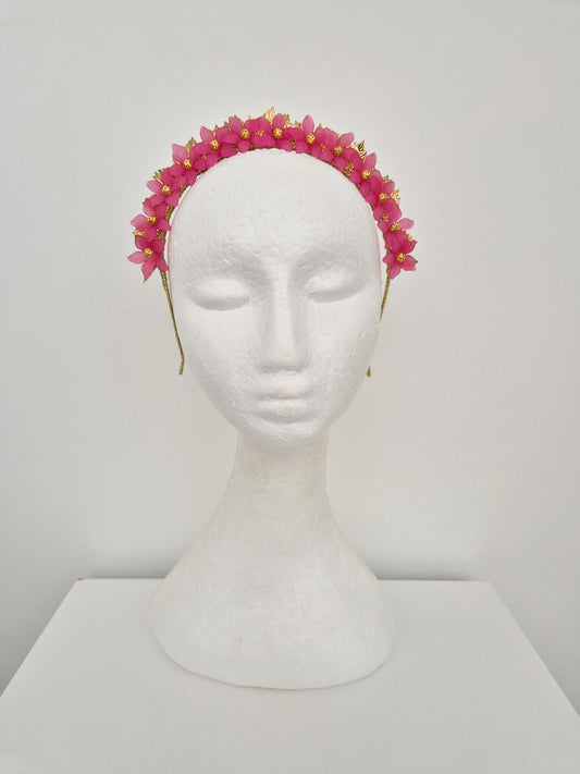 gold leaf and pink flower crown