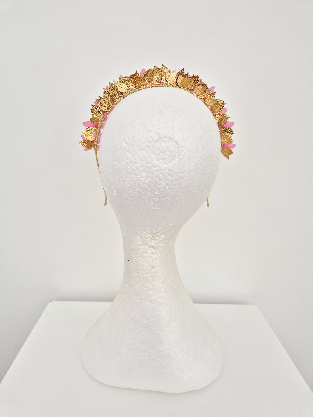 gold leaf headband with pink flowers back view