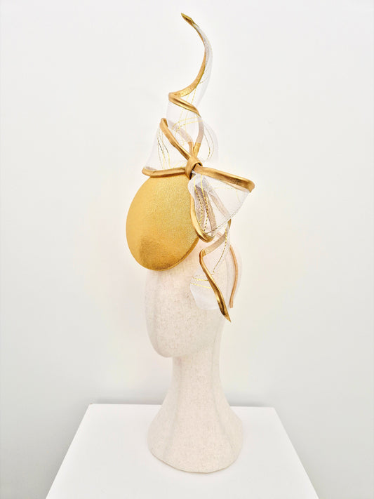 gold percher headpiece with bow side view