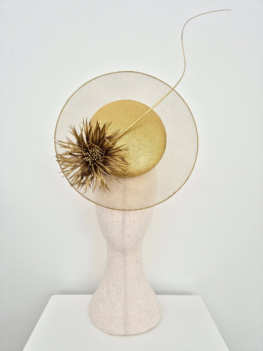 gold percher headpiece with feather flower