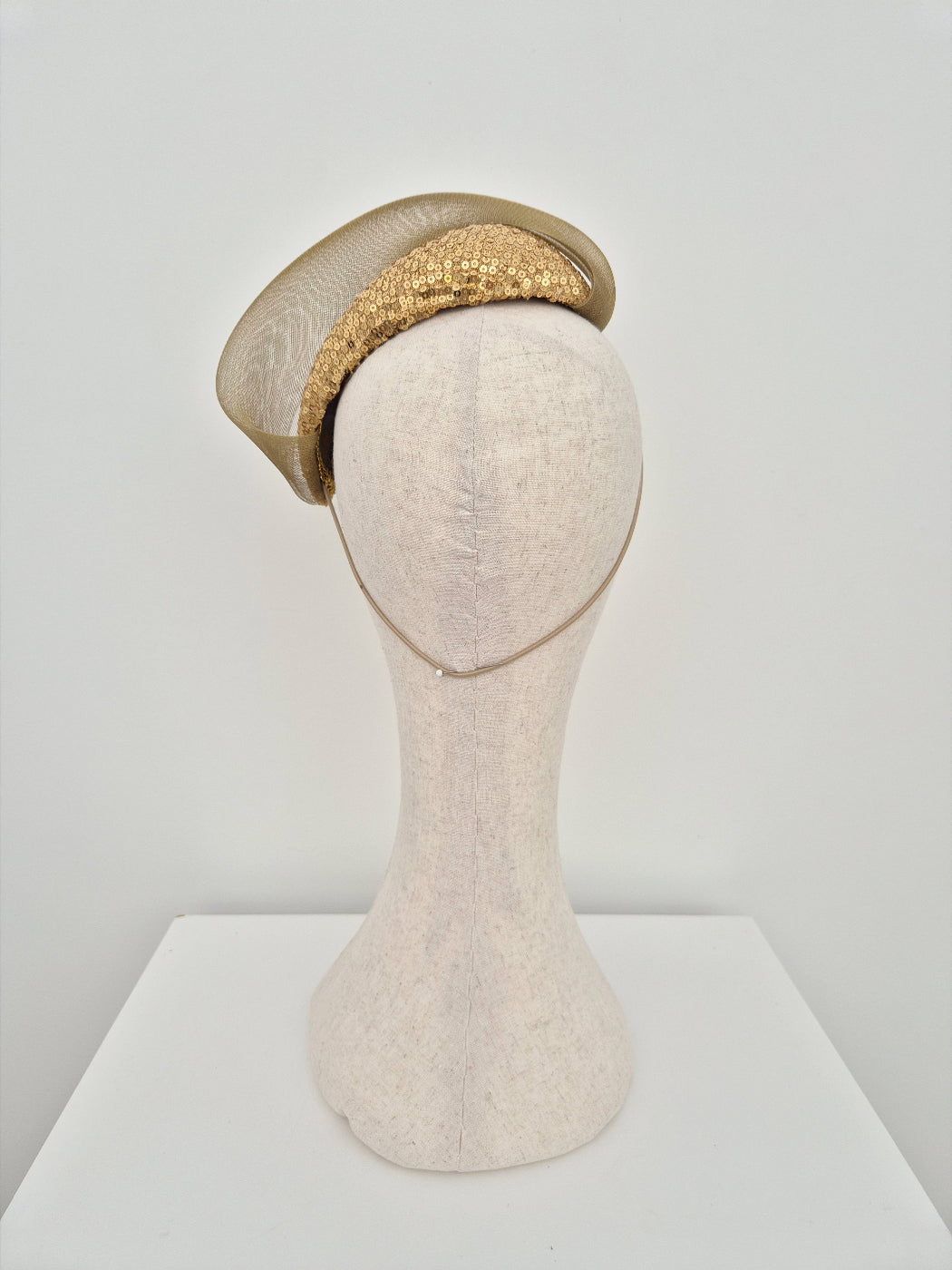 gold sequin headpiece back view