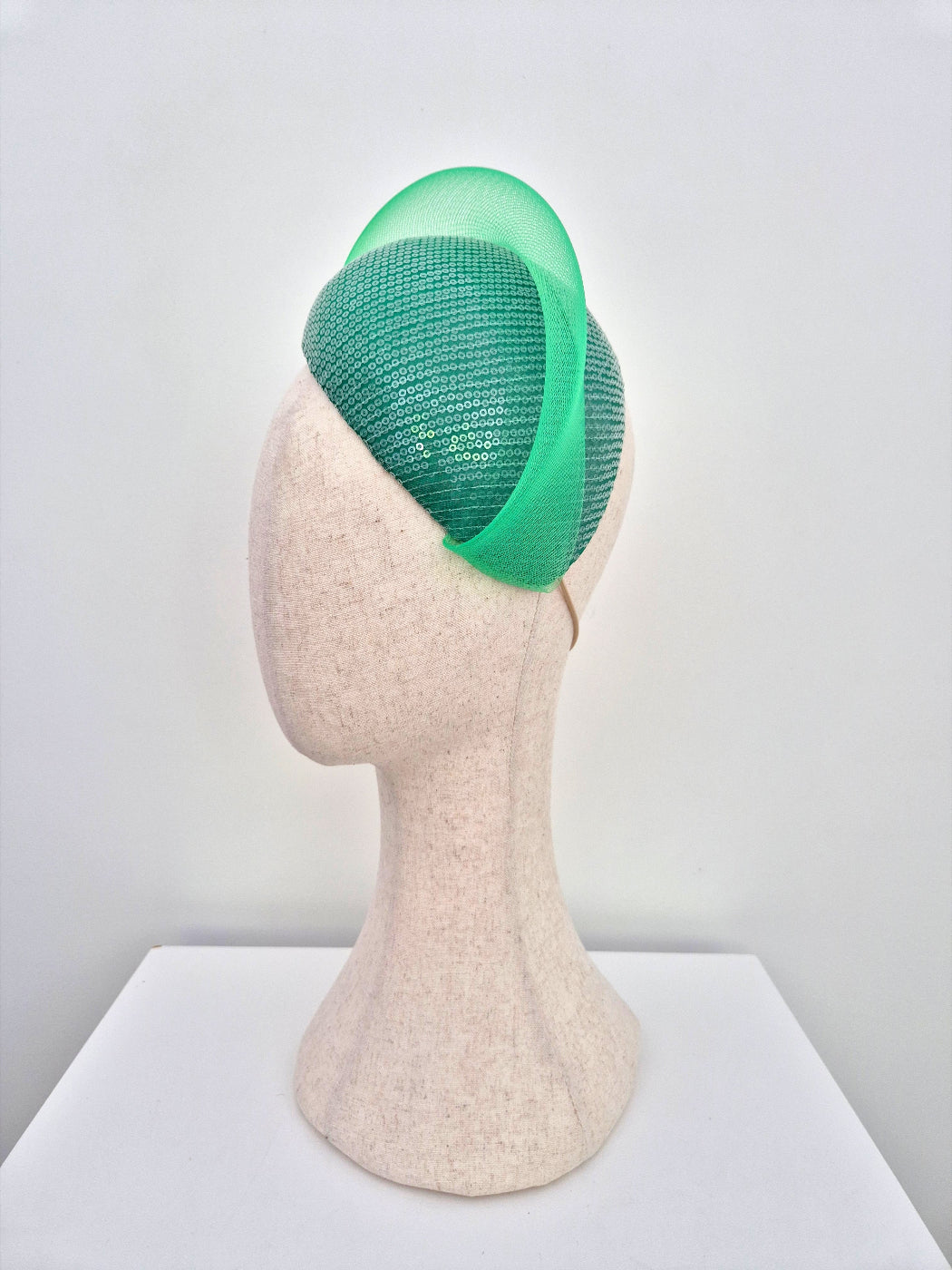 green sequin headpiece side view