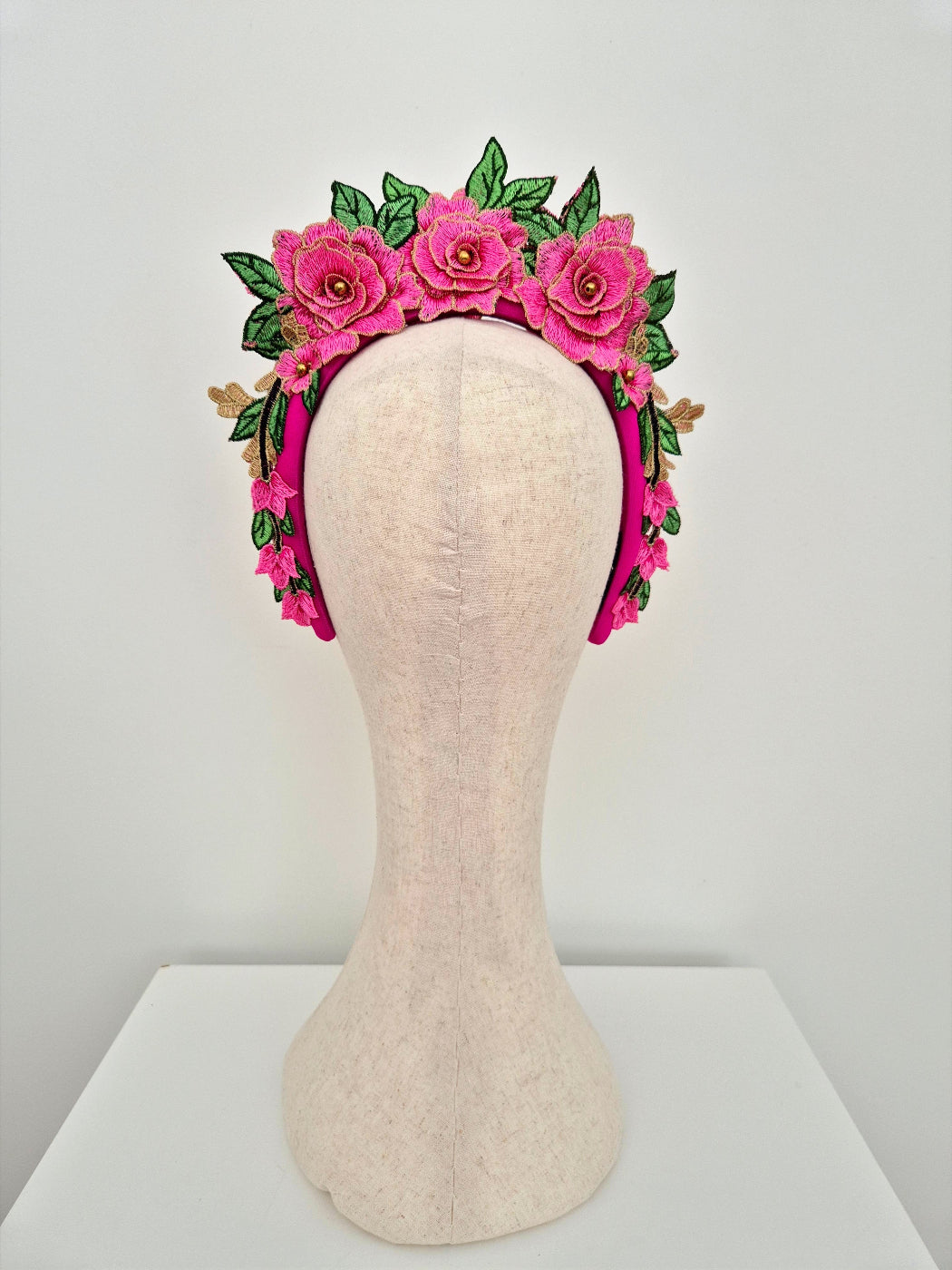 hot pink floral lace headband back view