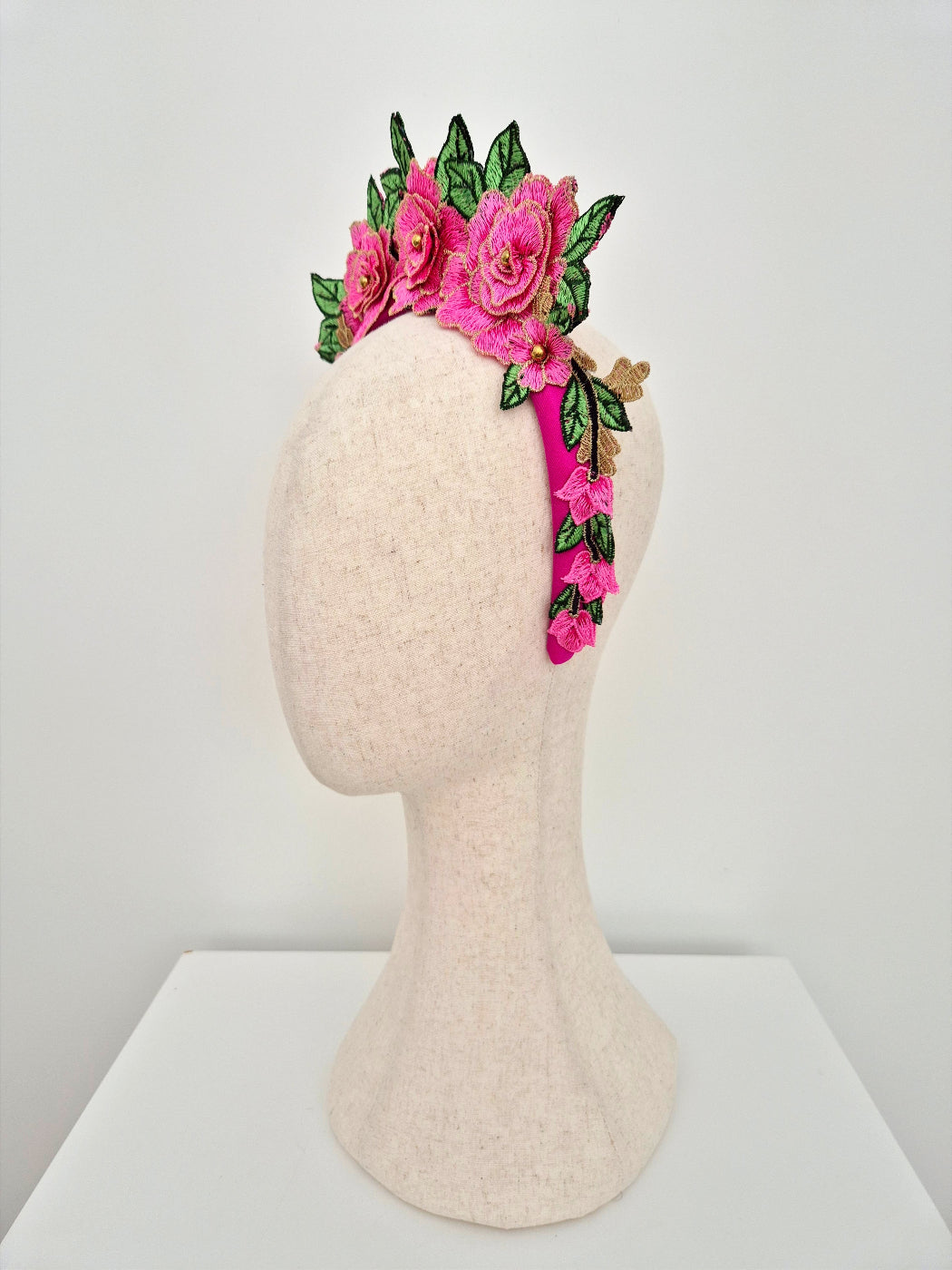 hot pink floral lace headband side view