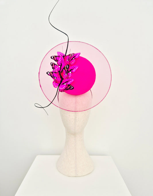 hot pink percher headpiece with butterflies