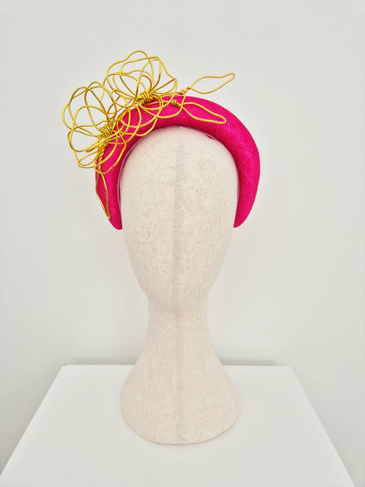 hot pink straw headband with gold floral wirework