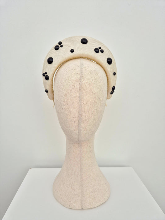 ivory straw halo headpiece with black pearls