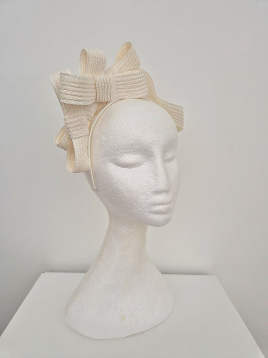 ivory straw stacked bow headpiece side front
