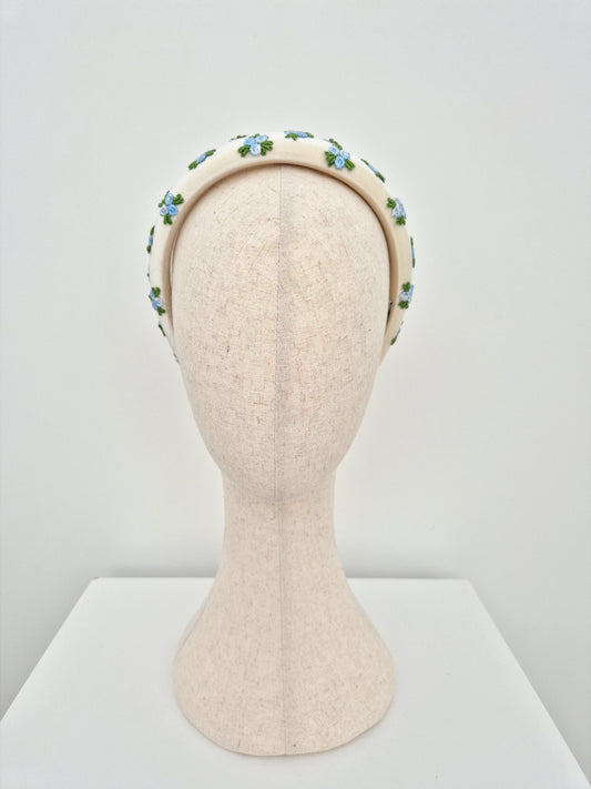 ivory velvet headband with embroidered blue rose buds