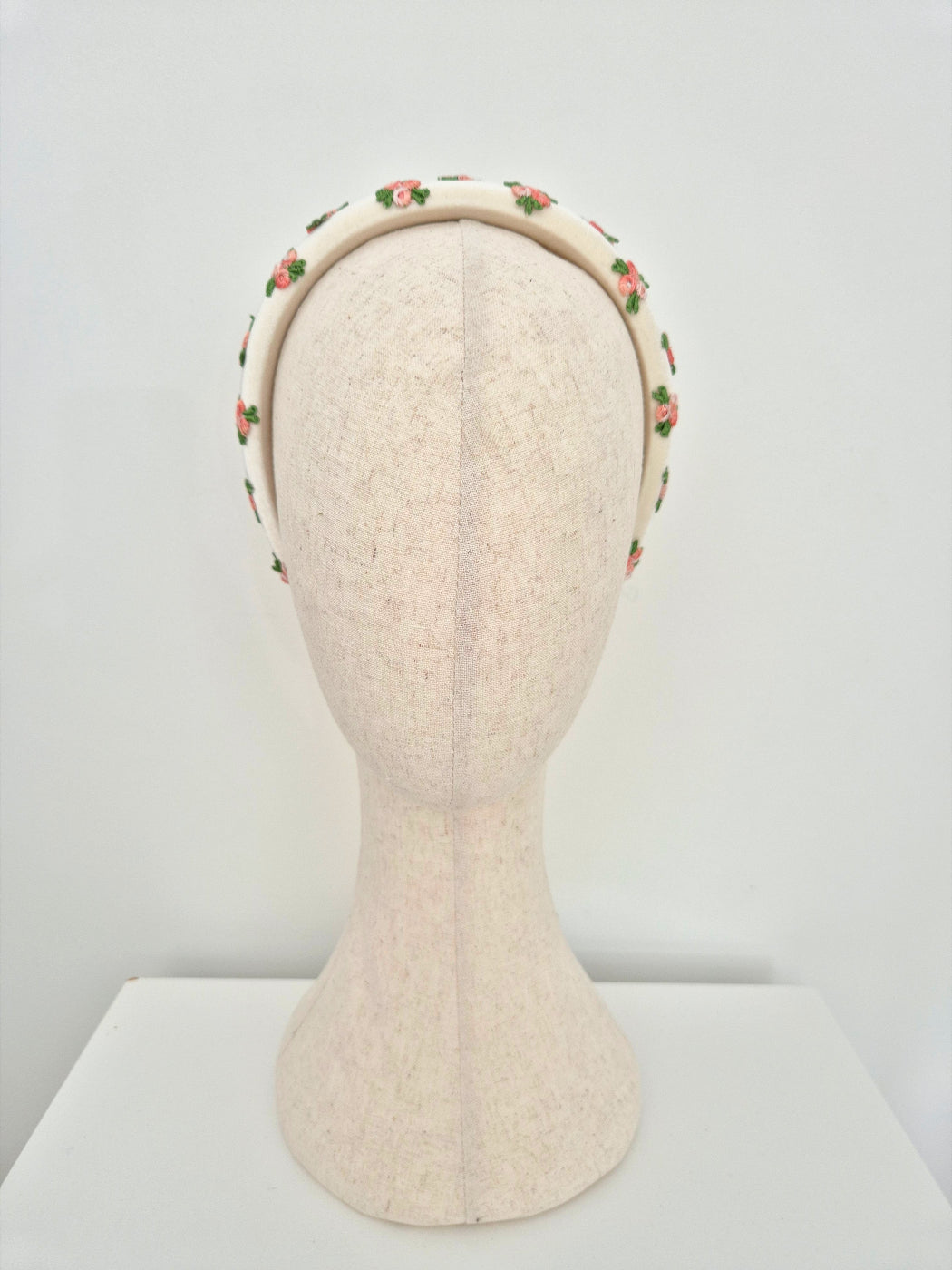 ivory velvet headband with pink rosebuds