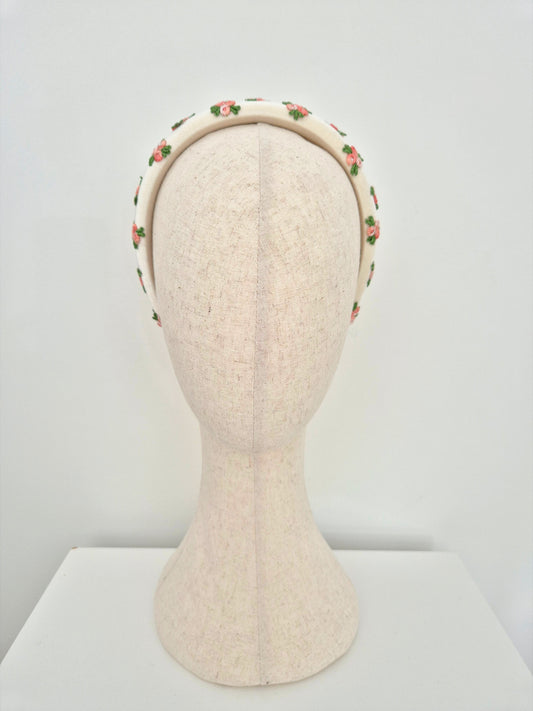 ivory velvet headband with pink rosebuds