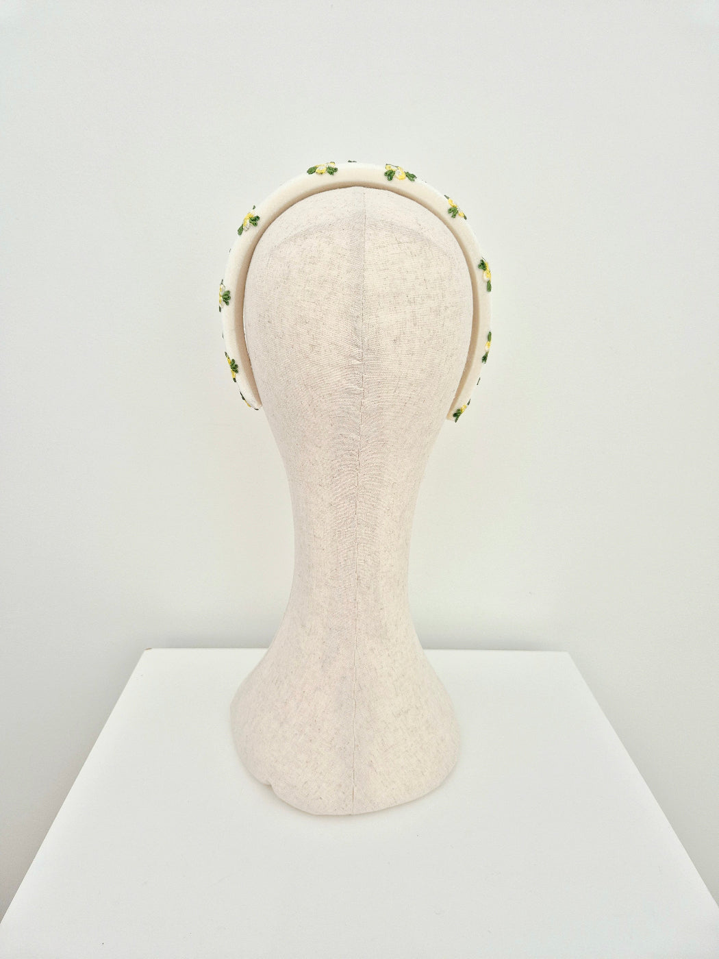 ivory velvet headband with yellow rosebuds back view