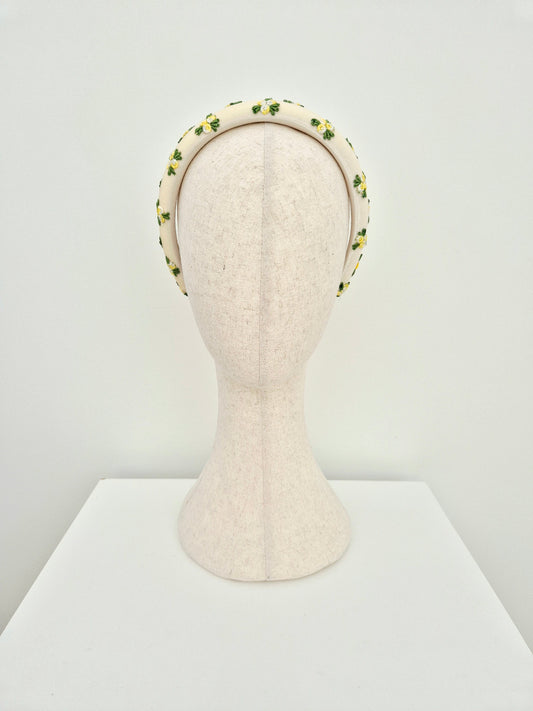 ivory velvet headband with yellow rosebuds