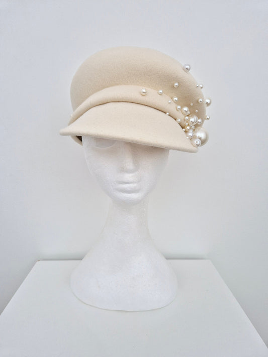 ivory wool cap with pearls