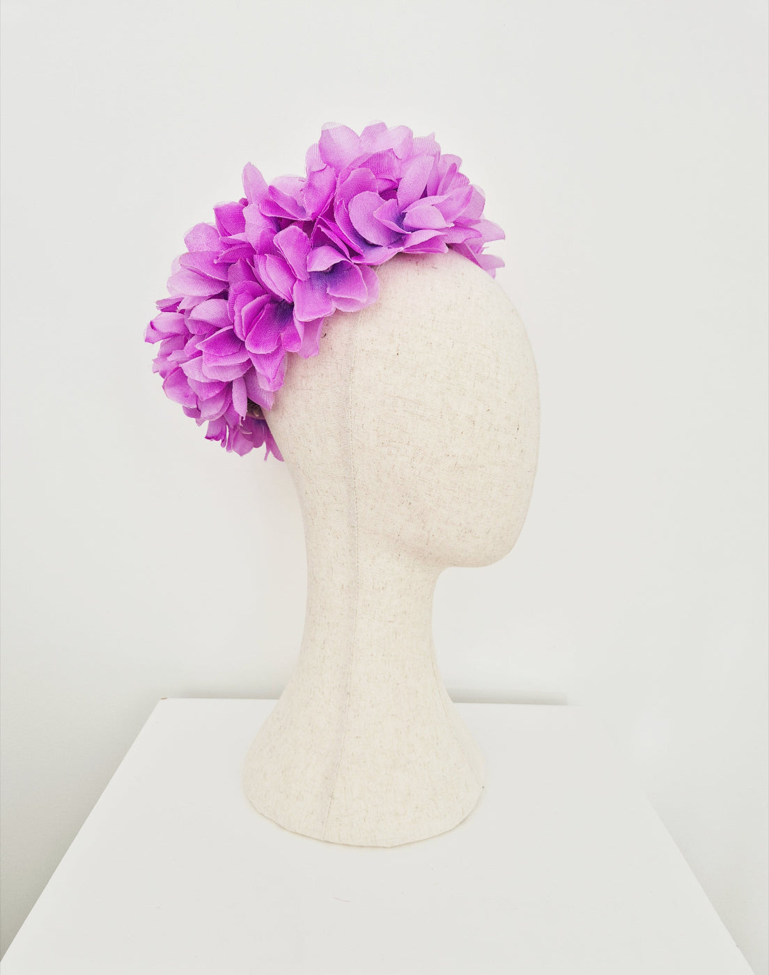 lavender floral pillbox headpiece side view