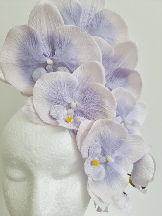 lavender orchid headpiece close up