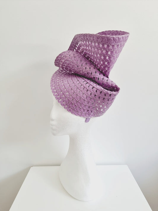 lavender straw headpiece side view