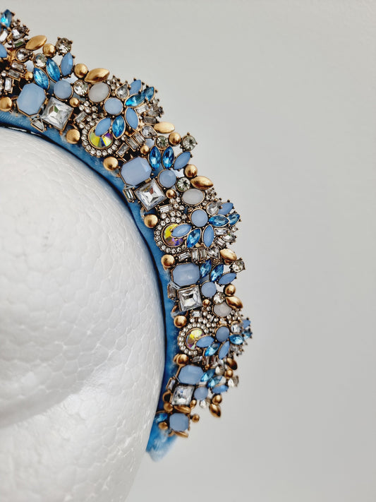 close up blue rhinestone headpiece