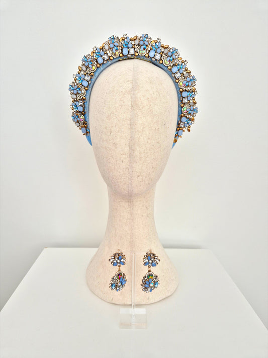 light blue rhinestone headband with matching earings