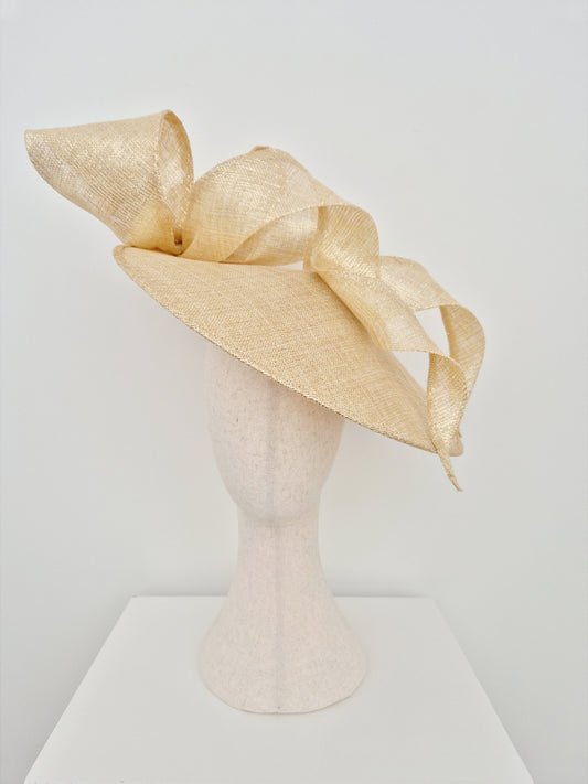 light gold straw coolie hat with bow and tails